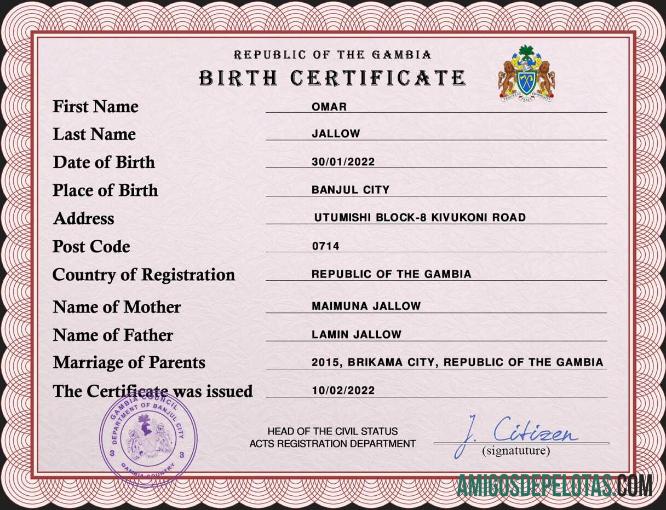 Em branco modelo PSD de certidão de nascimento de registro vital da Gâmbia